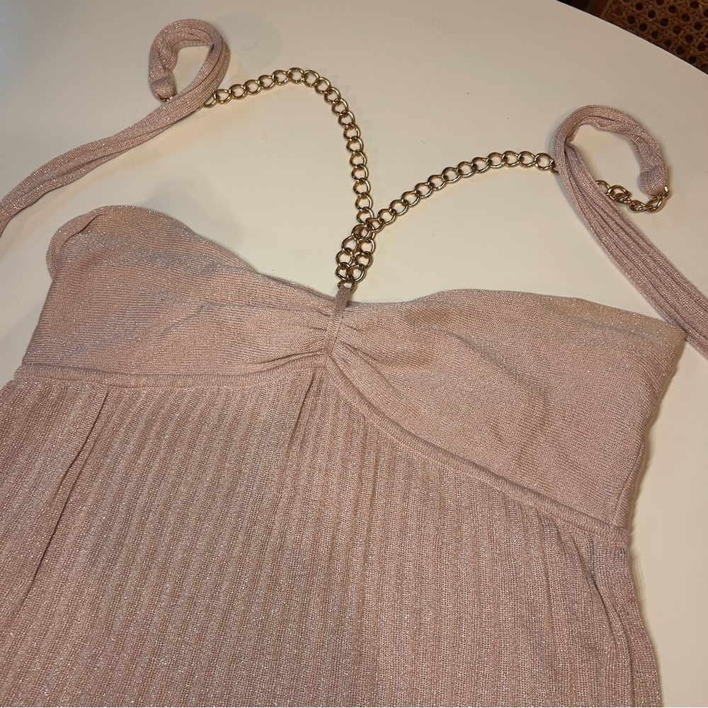 Marciano Shimmering Pink Knit Halter Chain Dress, Size Medium - Picture 2 of 3